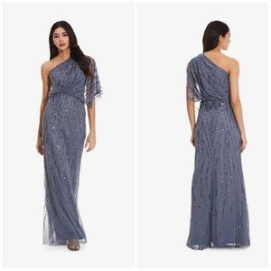 $229 Adrianna Papell Dusty Blue Sequin Beaded One Shoulder Draped Gown  Size 10